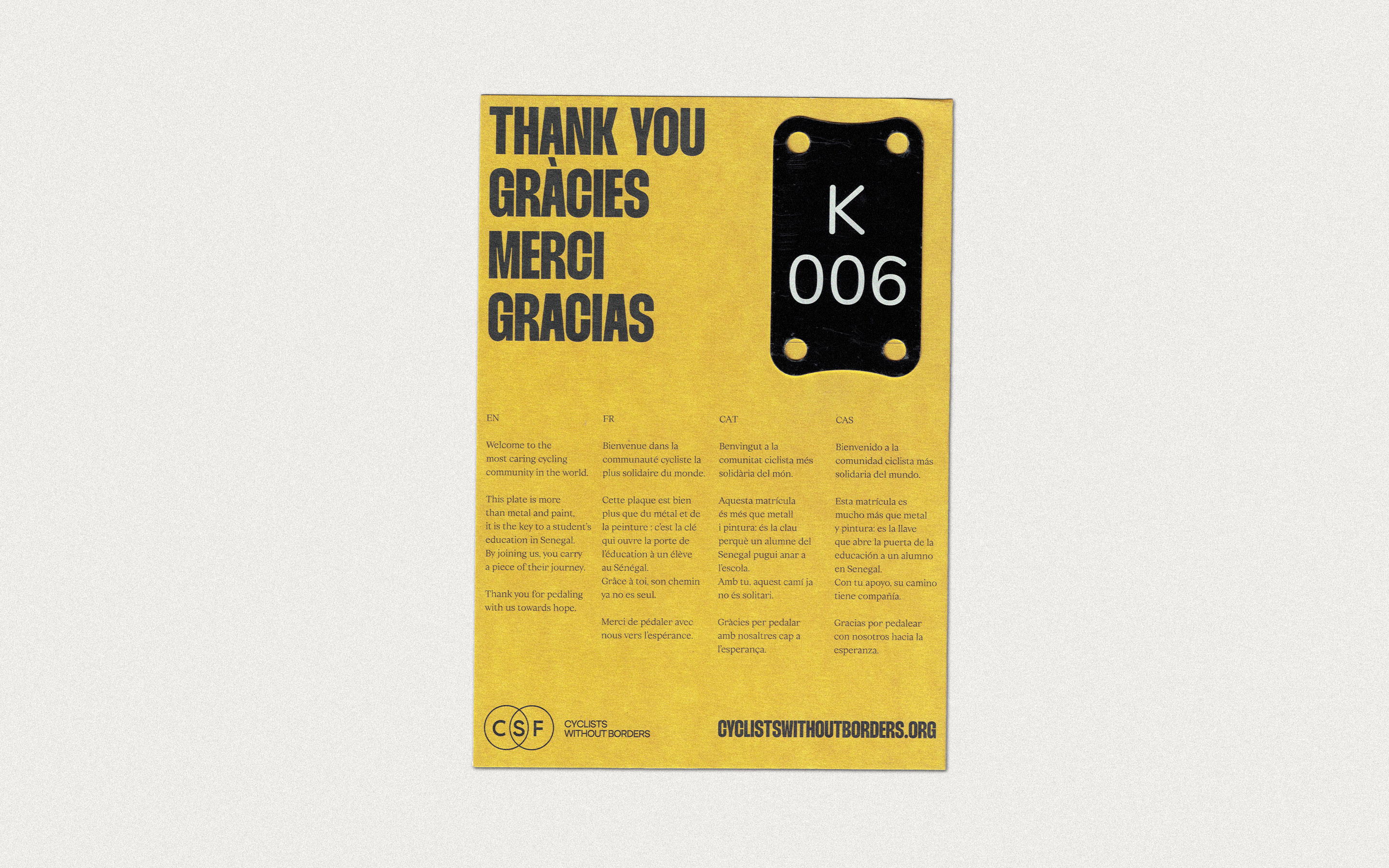 Cyclists Without Borders membership insert sent with Baobike bicycle license plate