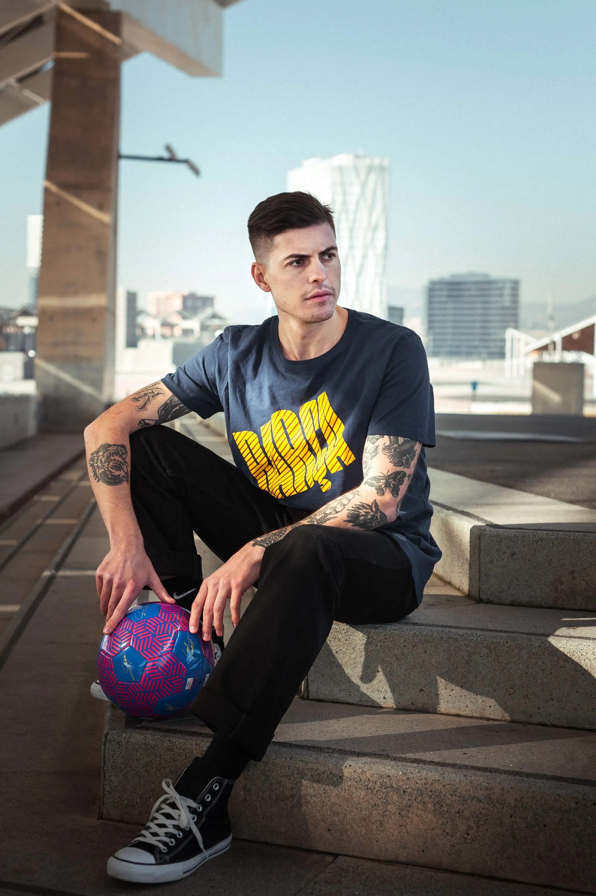 FC Barcelona fan culture streetwear portrait with football
