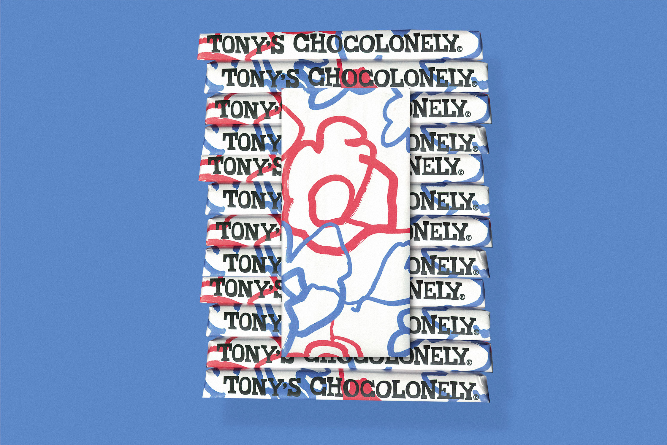 Tony’s Chocolonely chocolate bars stacked packaging design, bold wrapper pattern and brand typography