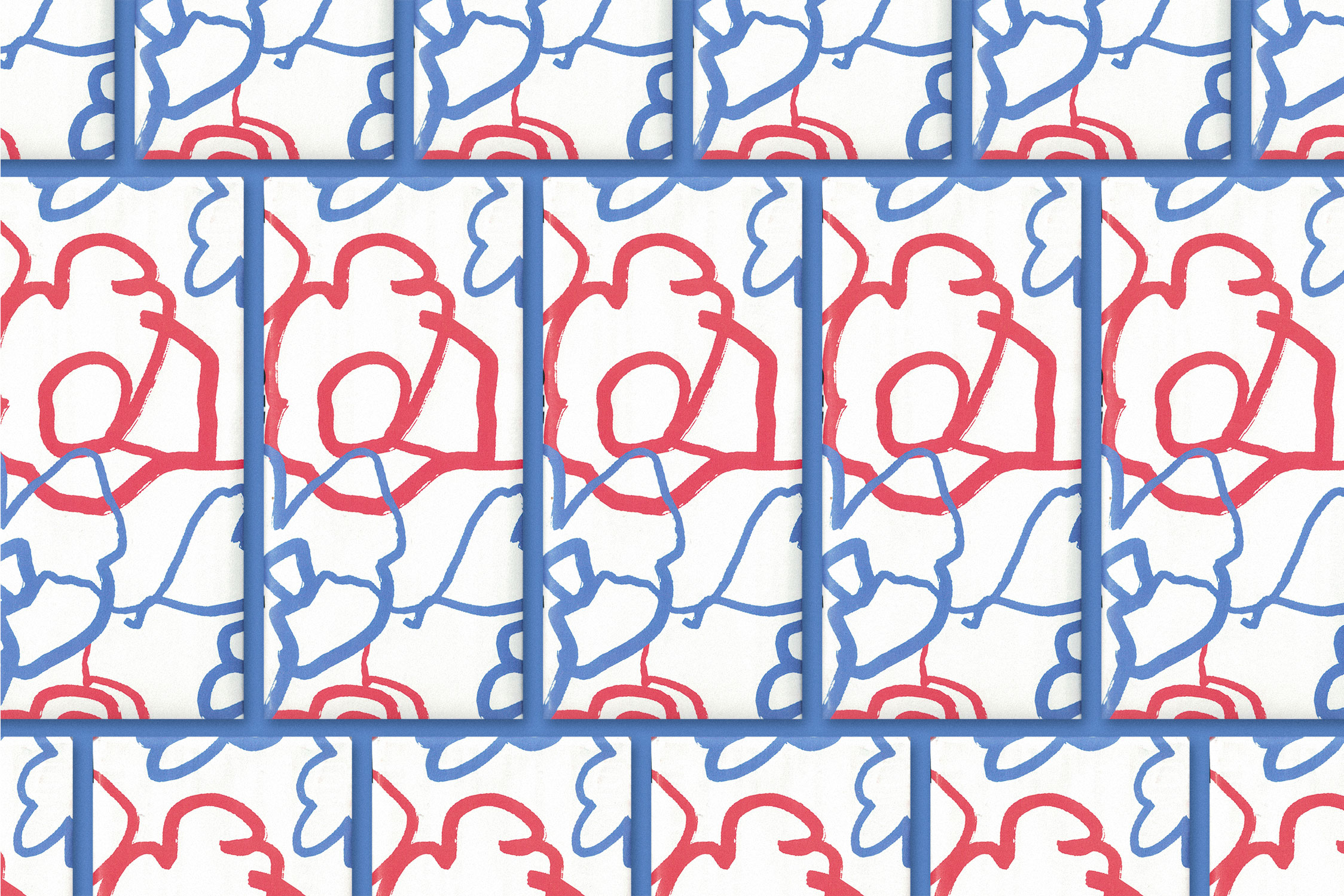Tony’s Chocolonely wrapper pattern design, repeating graphic illustration in red and blue