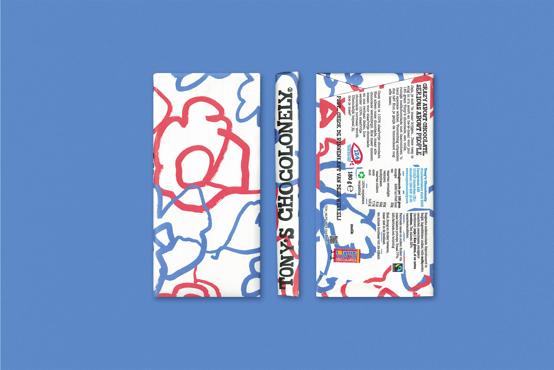 Tony’s Chocolonely packaging design front back and side view, custom chocolate wrapper layout and typography