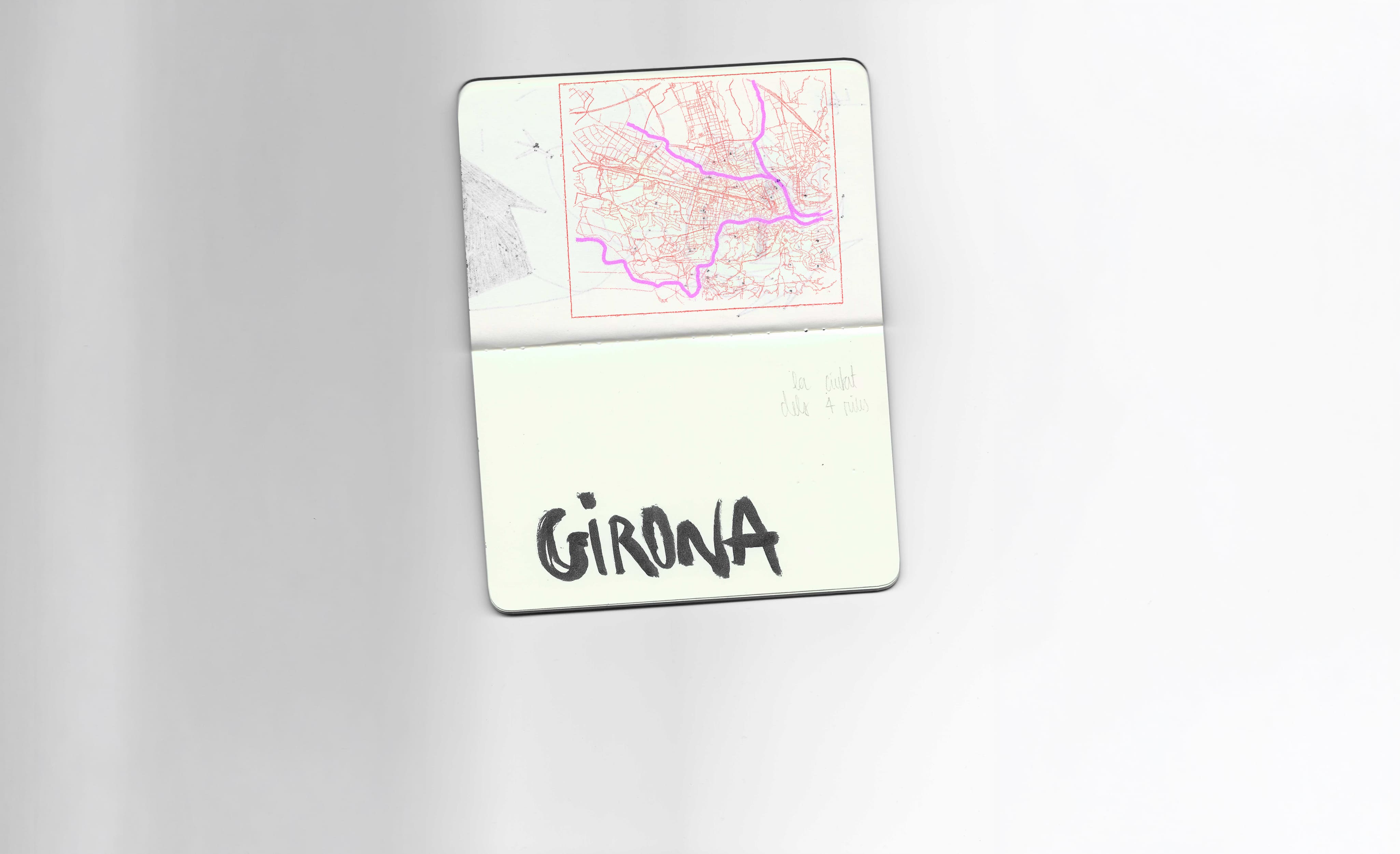 Sketchbook research mapping Girona and the four rivers behind the collection