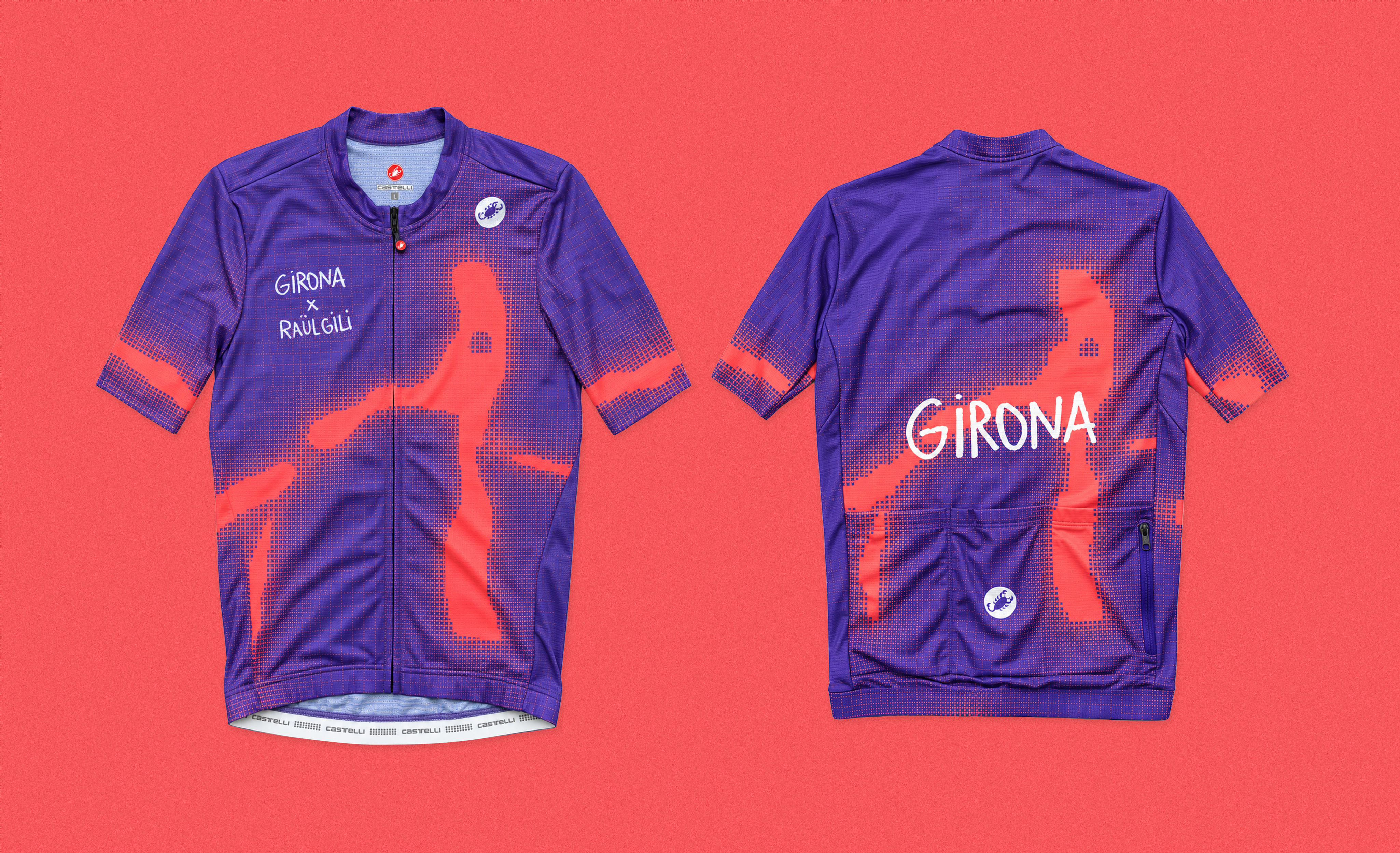 Purple and red Girona x Raül Gili cycling jersey on a red background