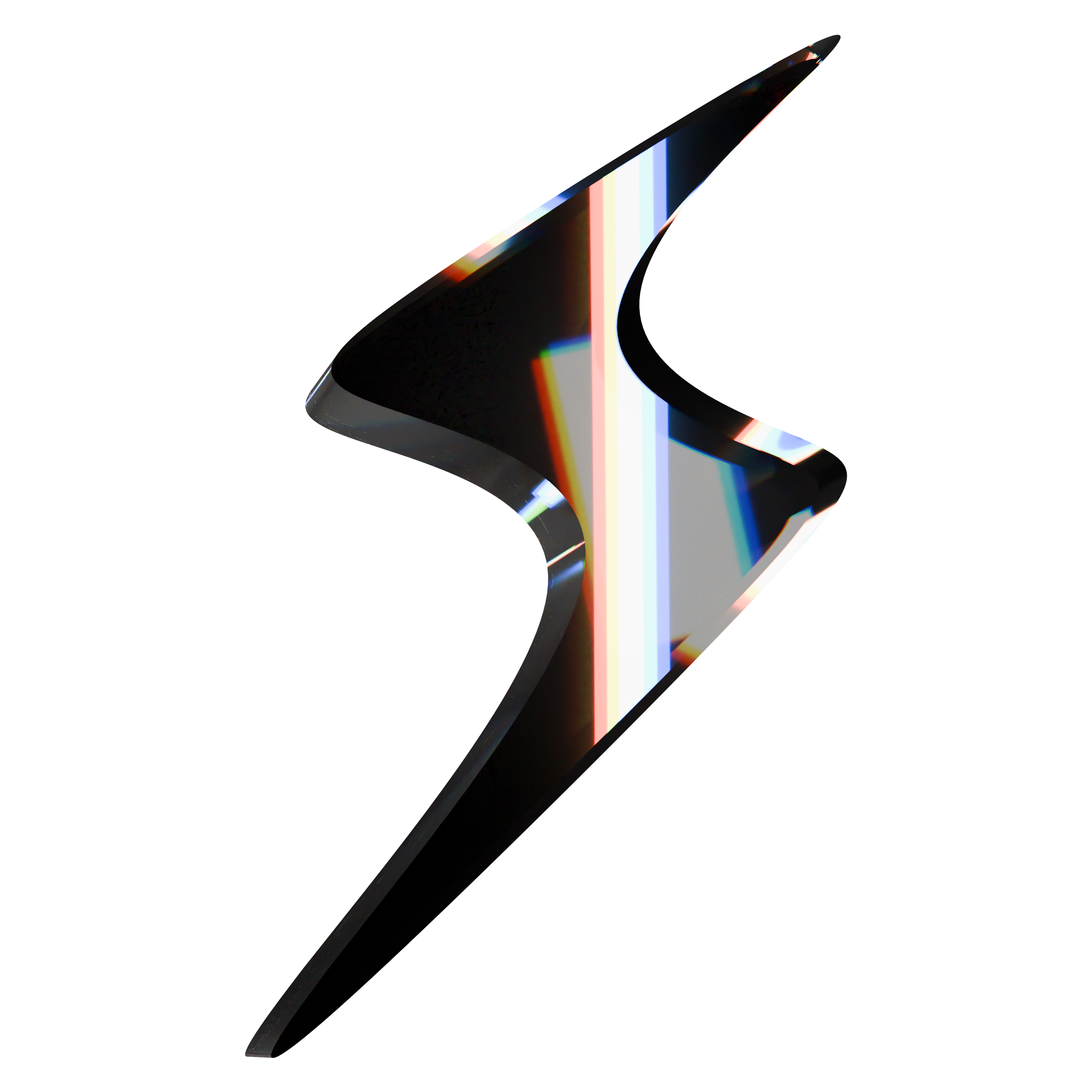 Symbole stylisé en forme d'éclair avec des reflets arc-en-ciel sur fond noir.