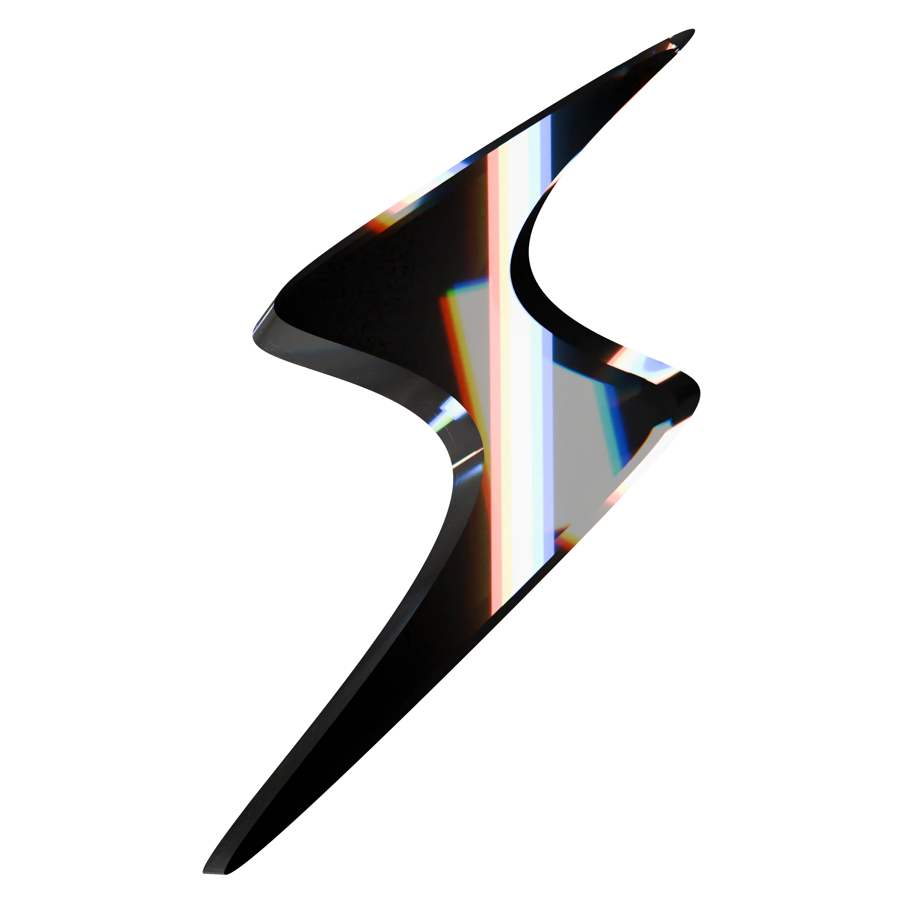 Symbole stylisé en forme d'éclair avec des reflets arc-en-ciel sur fond noir.