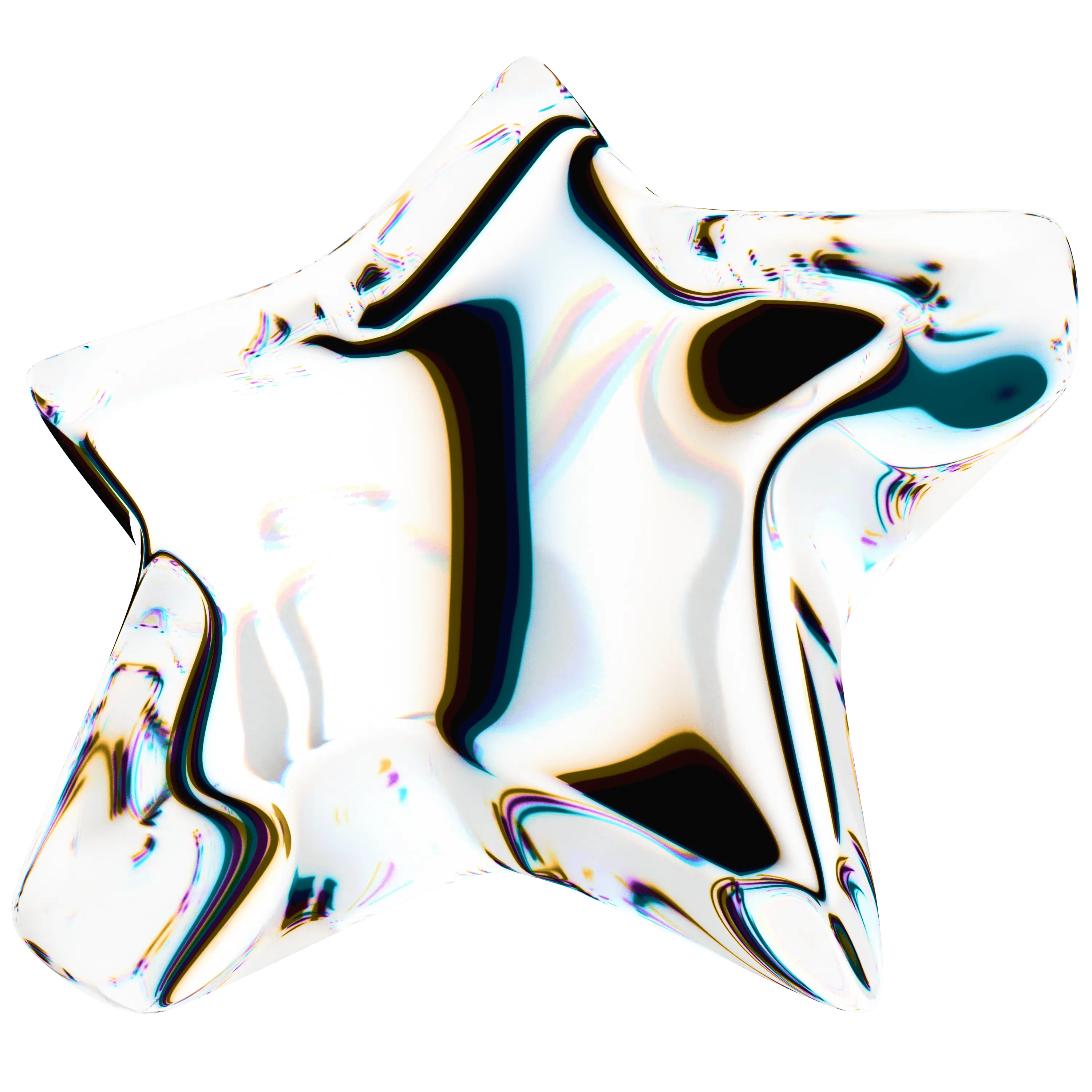 Une étoile en verre transparent avec des reflets irisés sur fond noir.