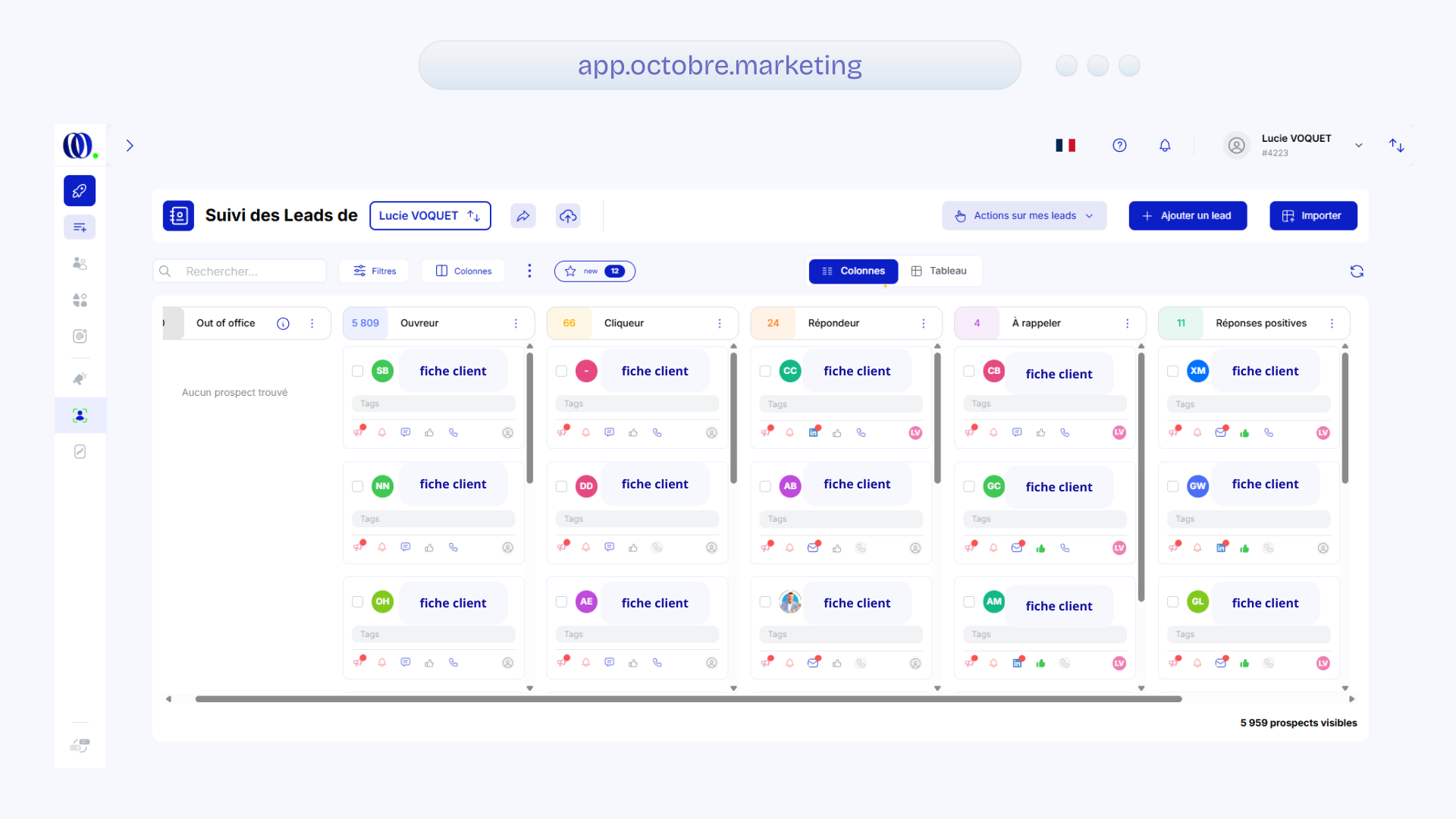 Interface de gestion des leads montrant des colonnes catégorisées par état : Ouverture, Cliquer, Répondeur, À rappeler et Réponses positives, avec des fiches clients dans chaque colonne.