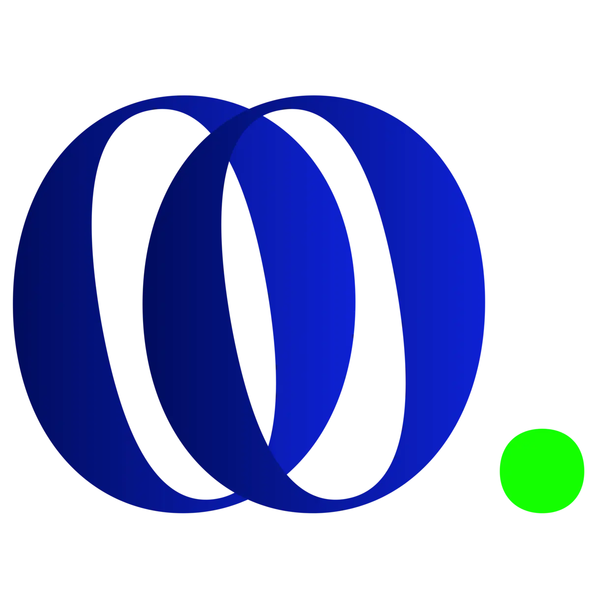 Deux anneaux bleus entrelacés avec un point vert vif à droite sur fond noir.