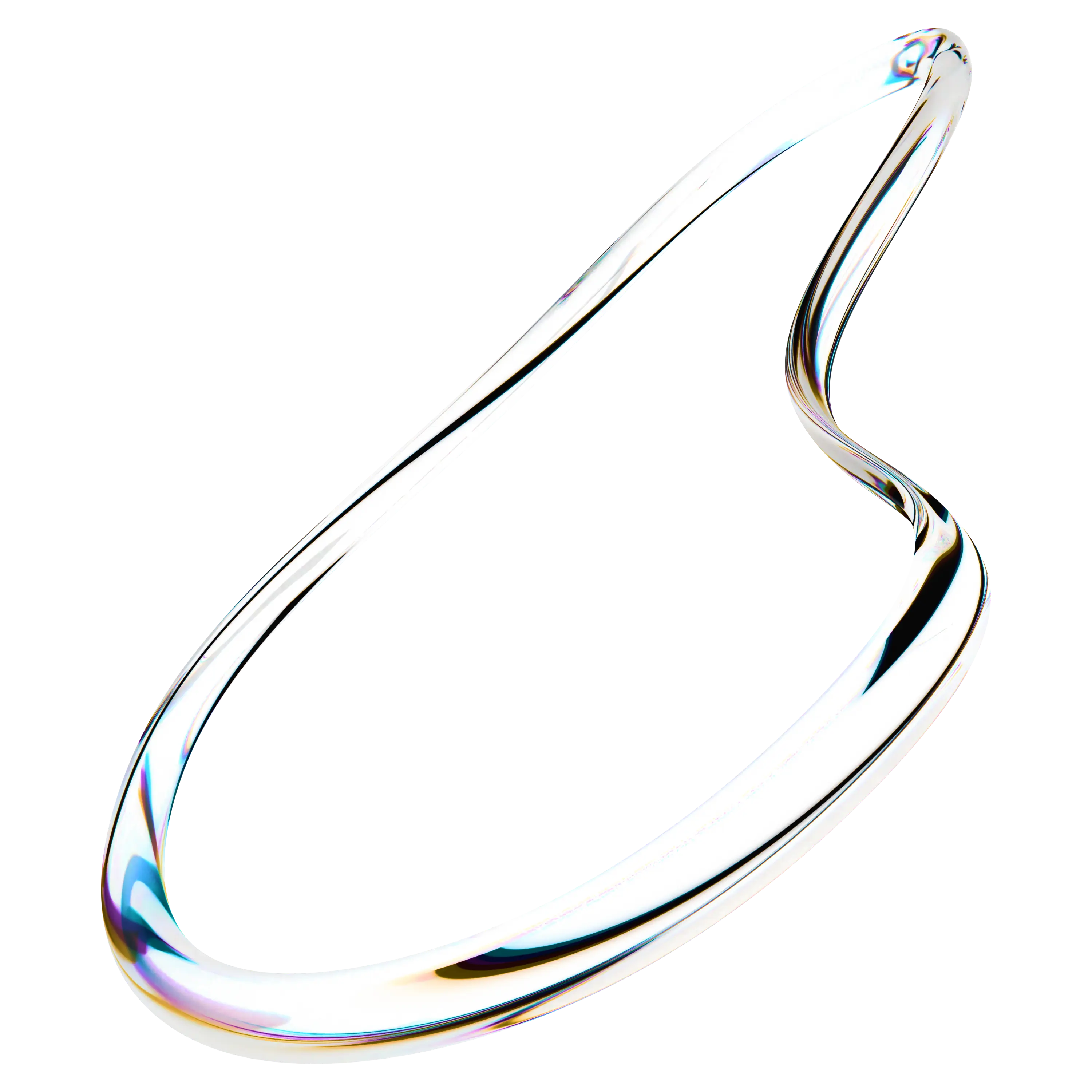 Forme fluide et incurvée en verre transparent avec des reflets colorés sur fond noir.