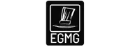 Logo EGMG with stylized chair inside a square frame on black background.