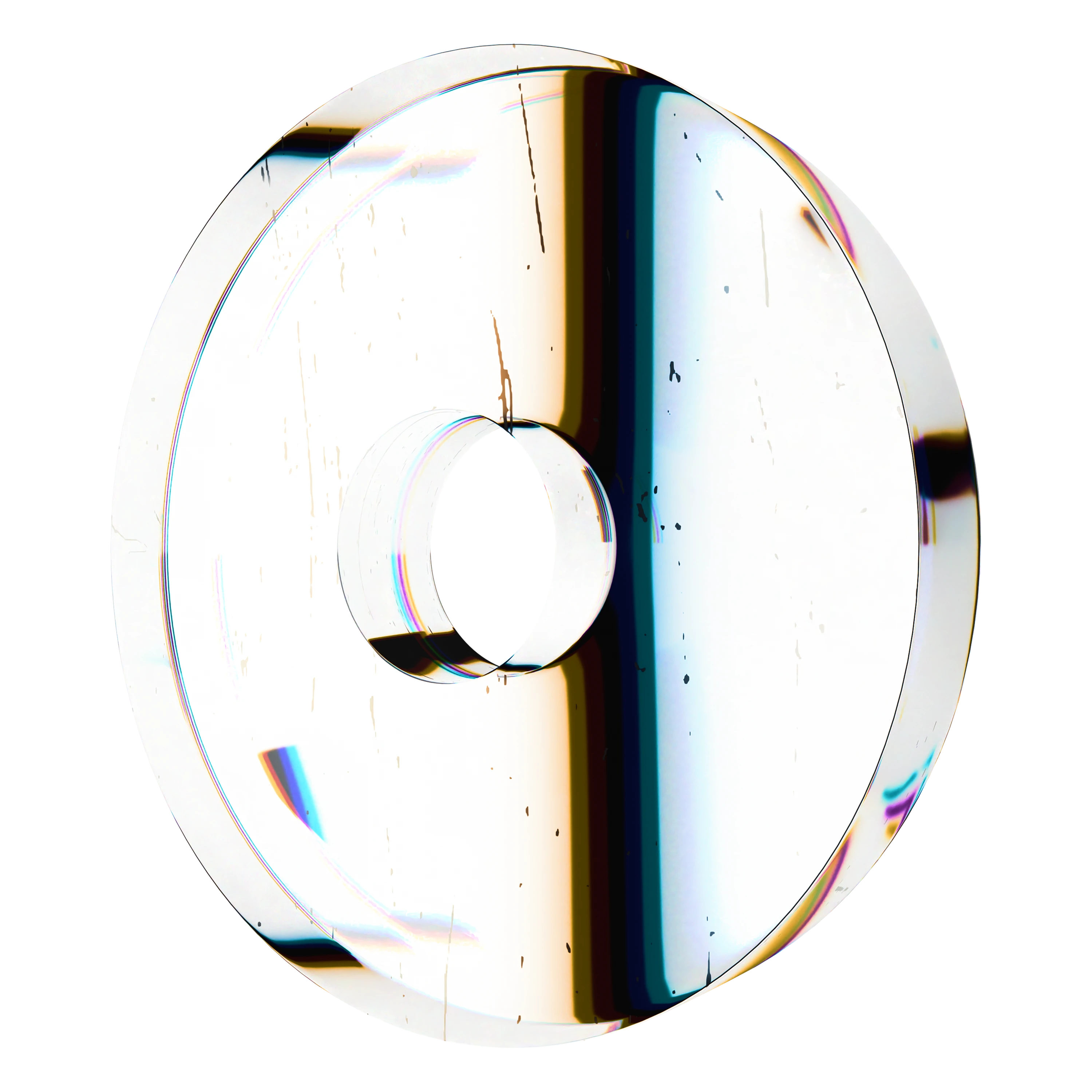 Vue macro d'une lentille optique ronde avec chromatisme coloré et fond noir.