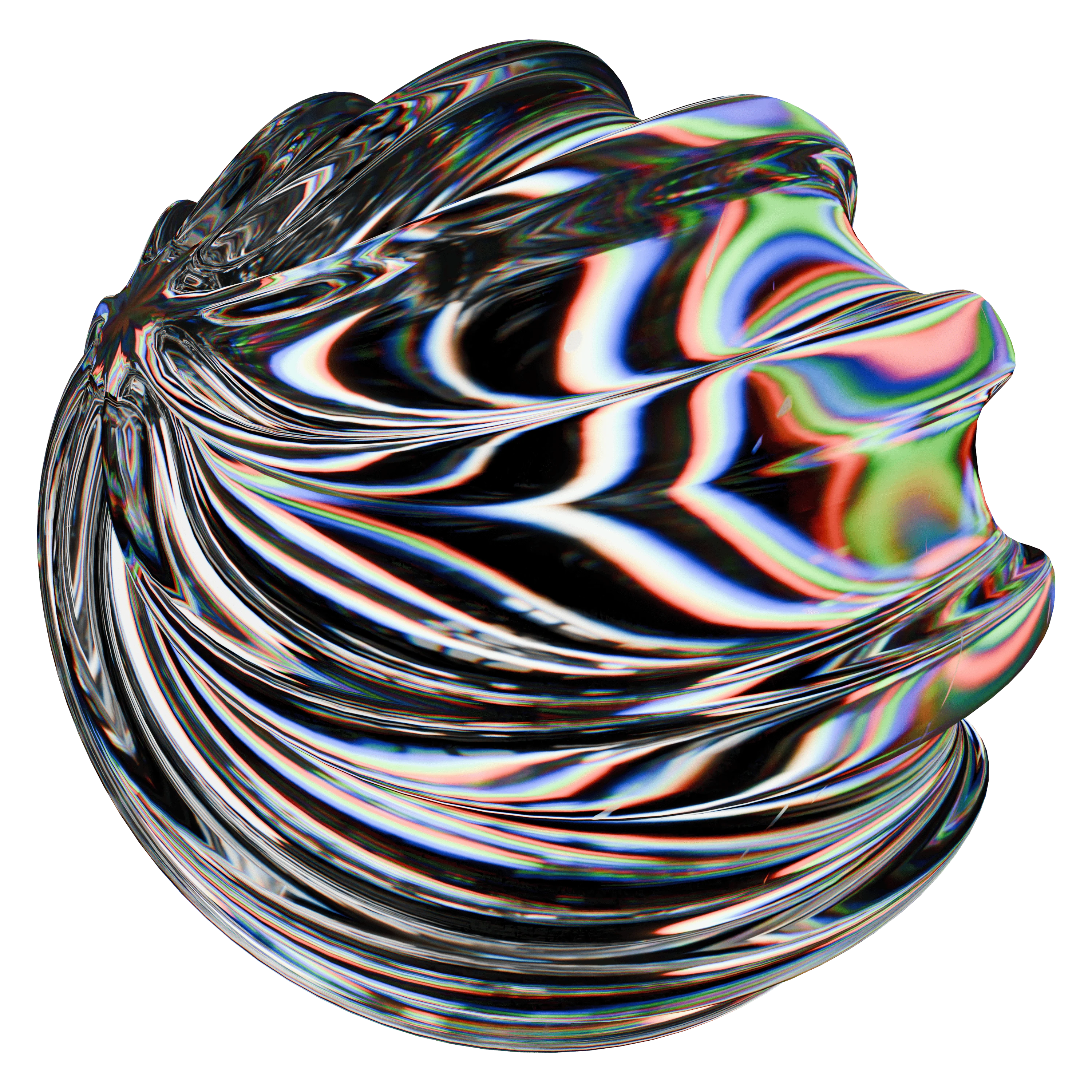 Forme abstraite et brillante avec des reflets colorés sur fond noir.