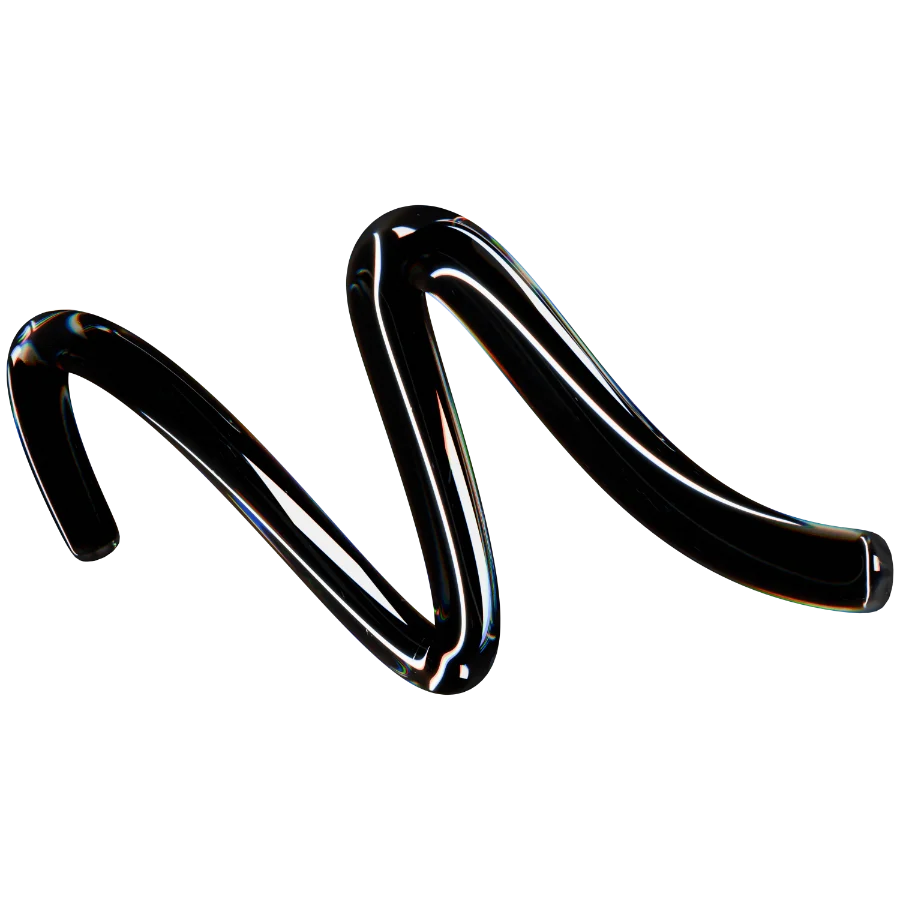 Forme abstraite noire brillante en forme de squiggle avec réflexion lumineuse, sur fond transparent.