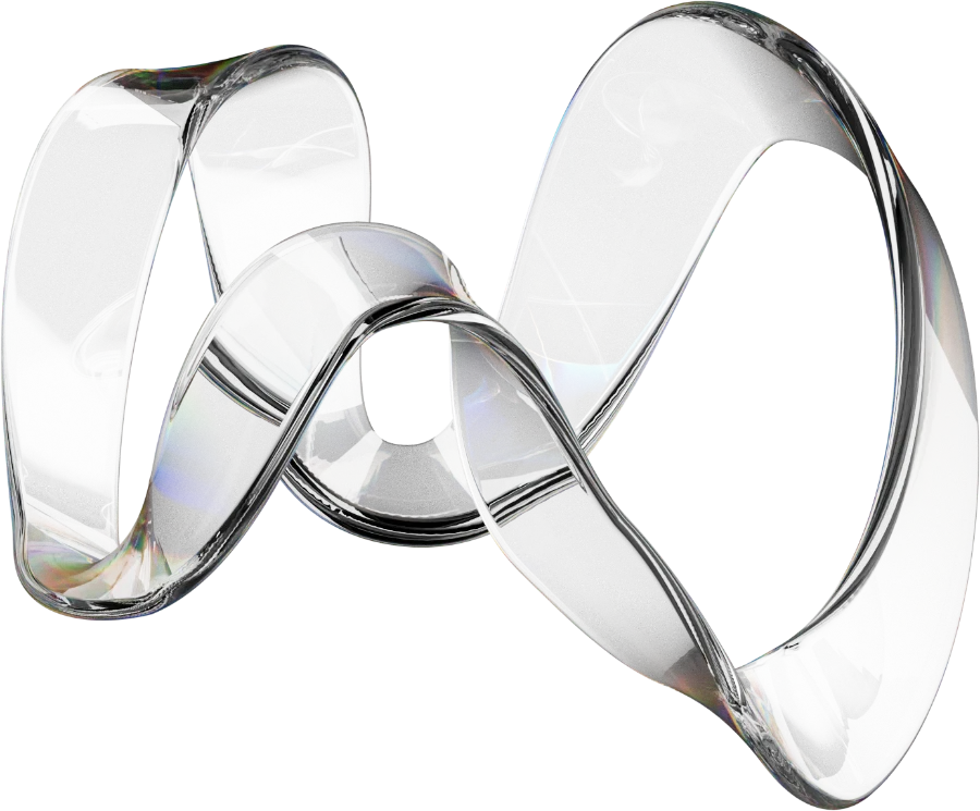 Forme fluide et transparente en verre ondulé avec des reflets irisés visibles sur une surface noire.