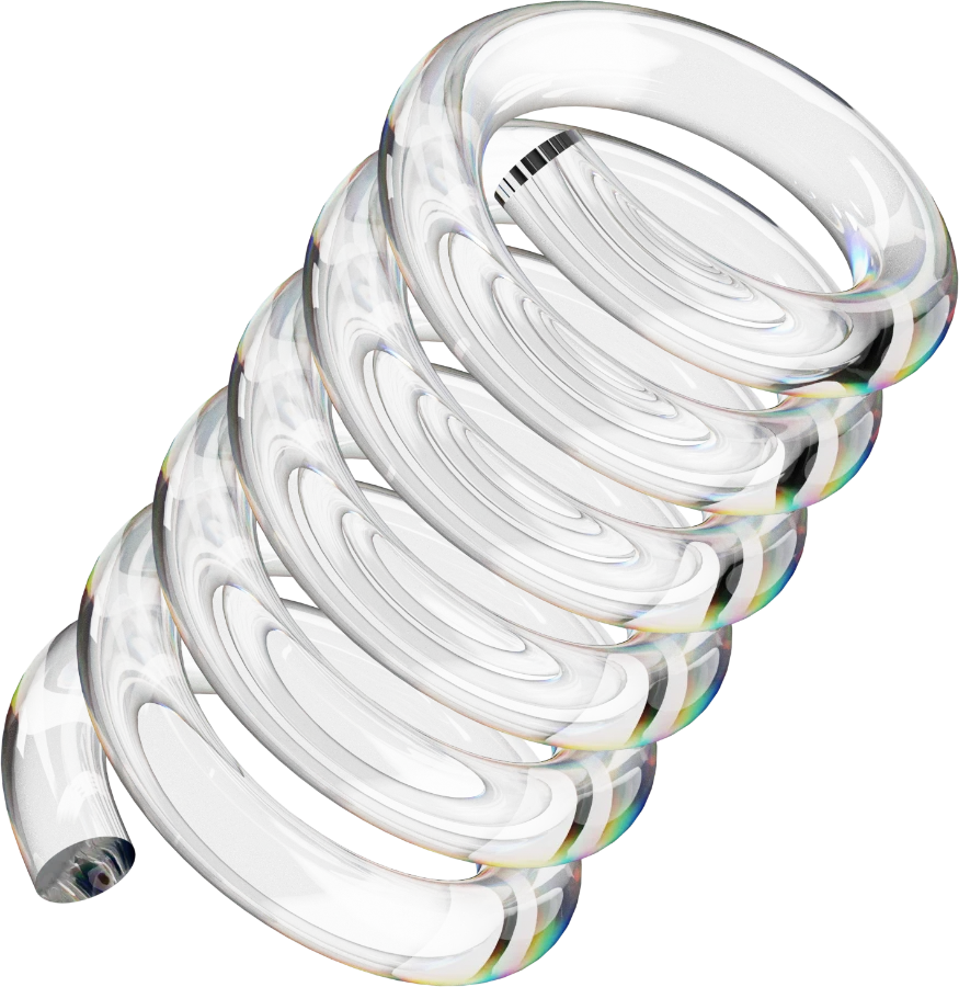Une bobine transparente en verre avec des reflets arc-en-ciel sur un fond noir isolé.