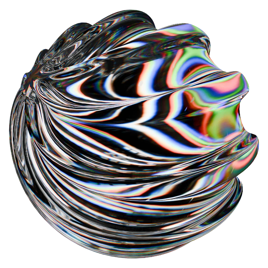 Sphère en verre déformée avec des reflets colorés en arcs-en-ciel sur un fond transparent.