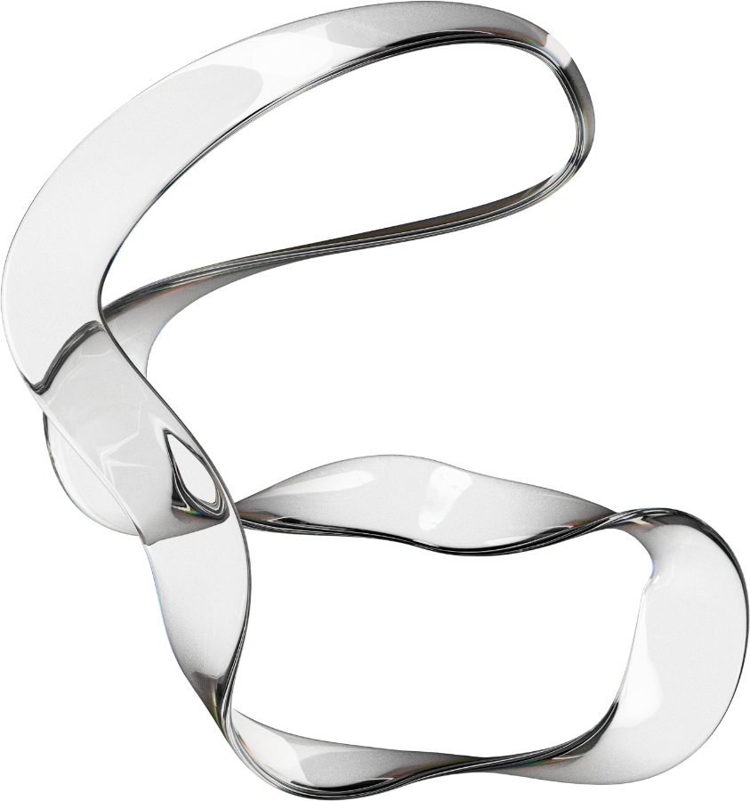 Bande noire et transparente en forme de boucle sinueuse avec surface brillante et reflets réfléchissants.