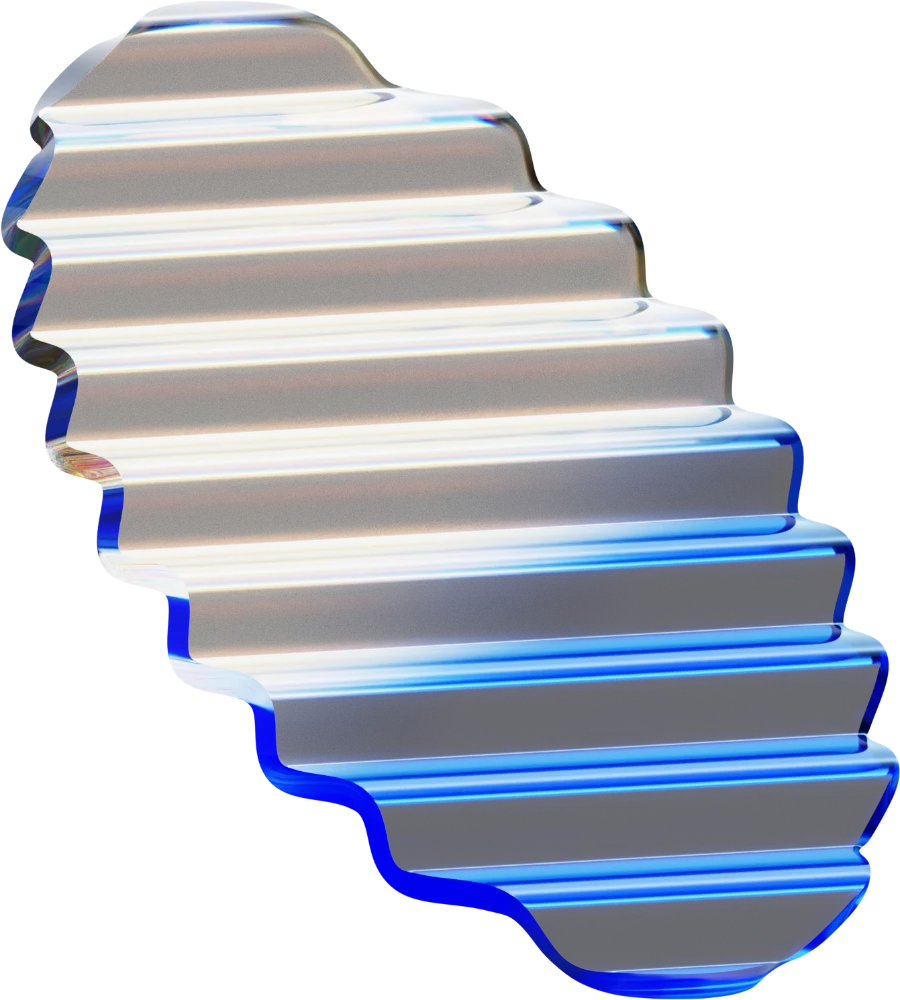 Vue rapprochée d'un objet en verre transparent ondulé avec des reflets bleus et bruns, semblant flotter sur un fond transparent.