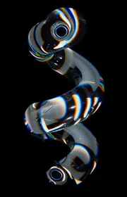 Une spirale en verre transparente reflétant des bandes de lumière colorée sur un fond noir.