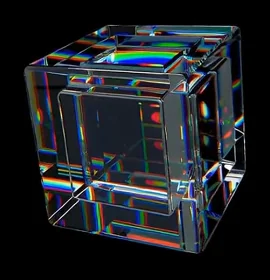 Une cube transparent en verre avec des détails géométriques internes et des reflets lumineux colorés sur un fond noir.