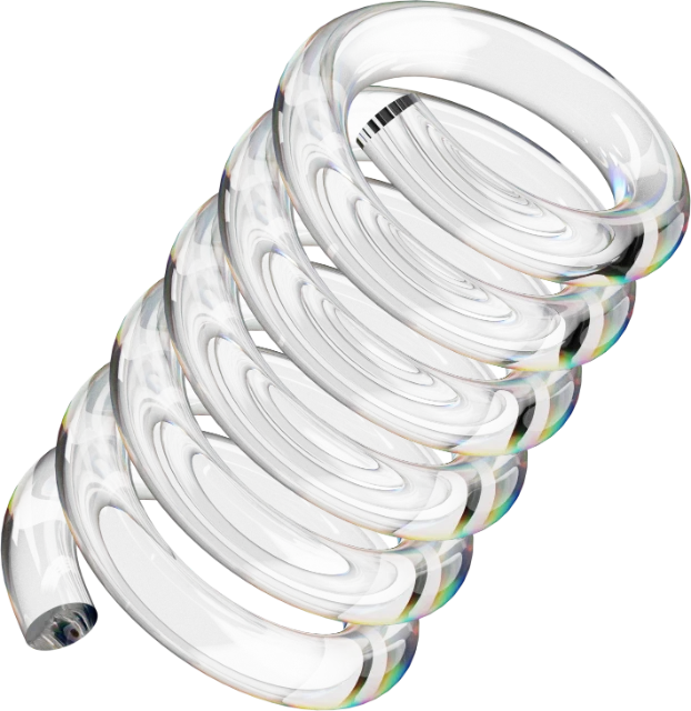Une spirale transparente en verre avec des reflets lumineux, sur fond blanc.