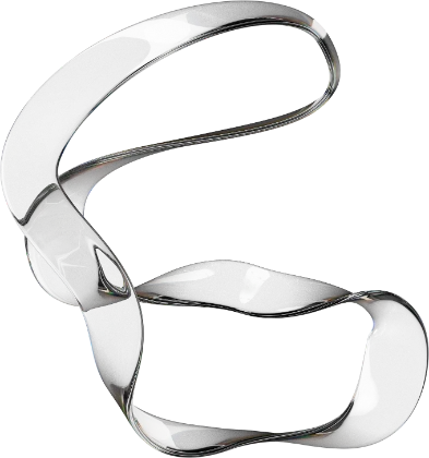 Sculpture abstraite noire et brillante en forme de ruban torsadé et fluide sur fond transparent.