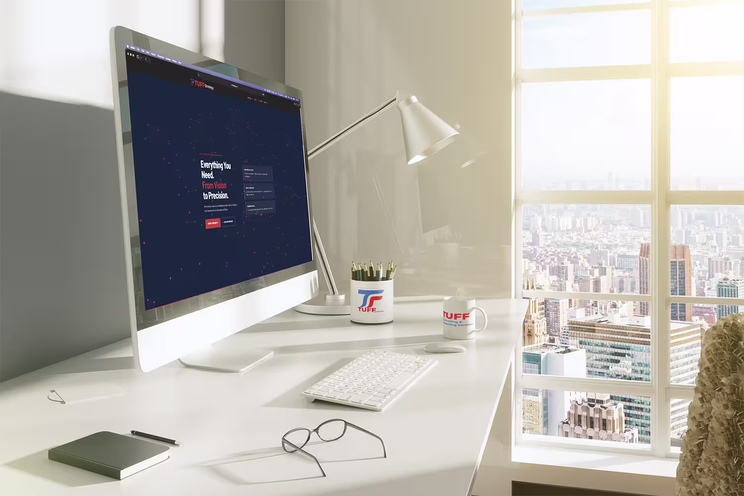 Modern executive workspace featuring the TUFF Strategy website displayed on a desktop computer in a premium office setting.
