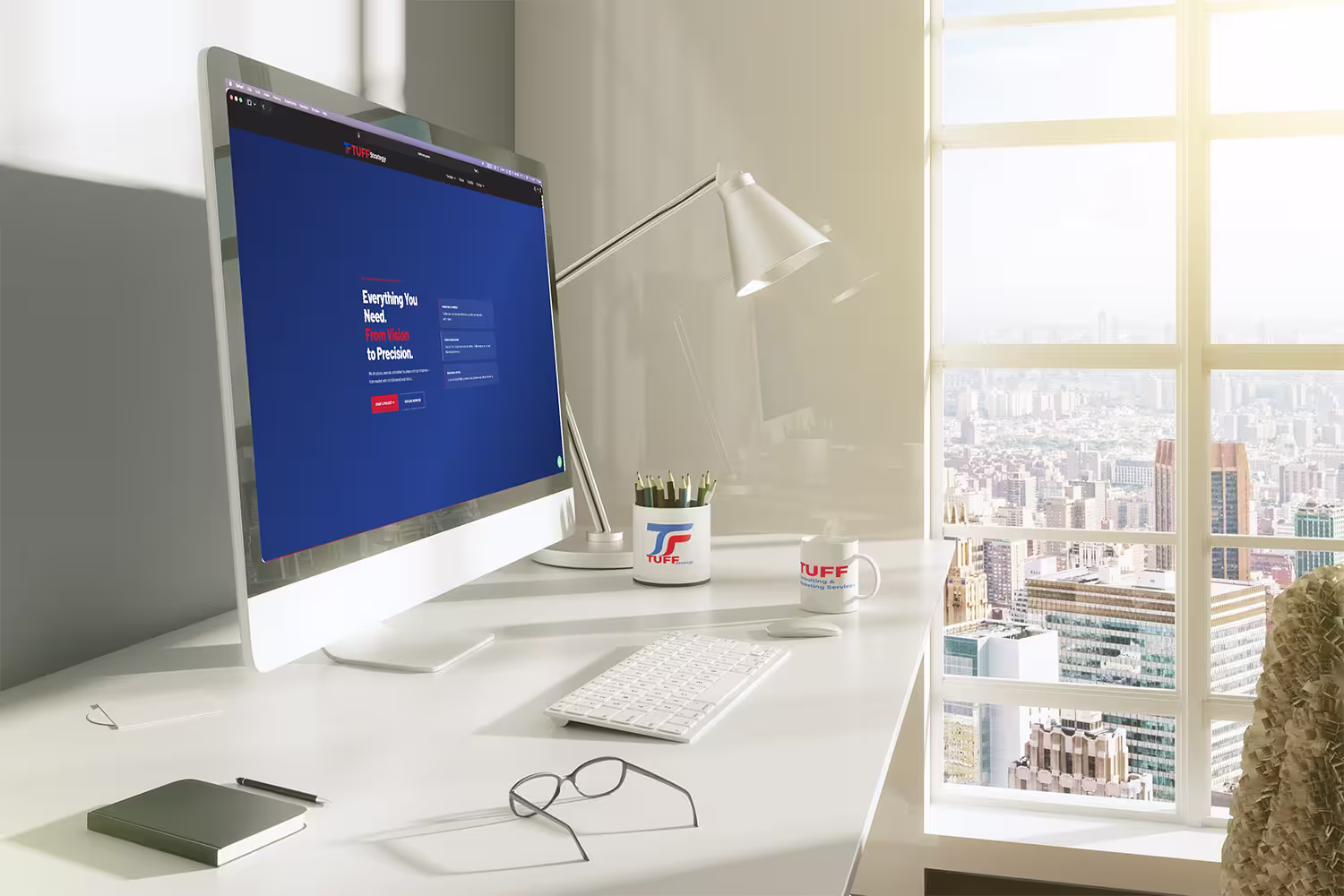 Modern executive workspace featuring the TUFF Strategy website displayed on a desktop computer in a premium office setting.