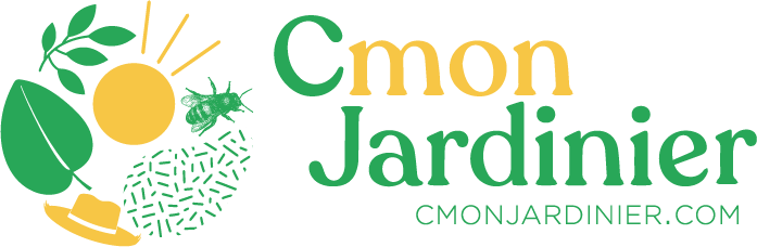 Logo with green leaves, yellow sun, a bee, and a garden hat next to the text 'Cmon Jardinier' with the website cmonjardinier.com.