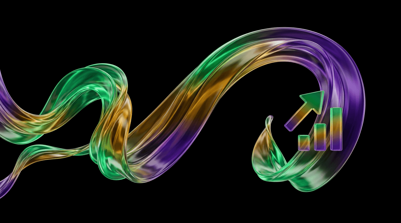 Yeşil, mor ve altın sarısı tonlarında kıvrılan saydam yumuşak bant ve yukarı yönlü ok ile artan grafik çubuğu simgesi.