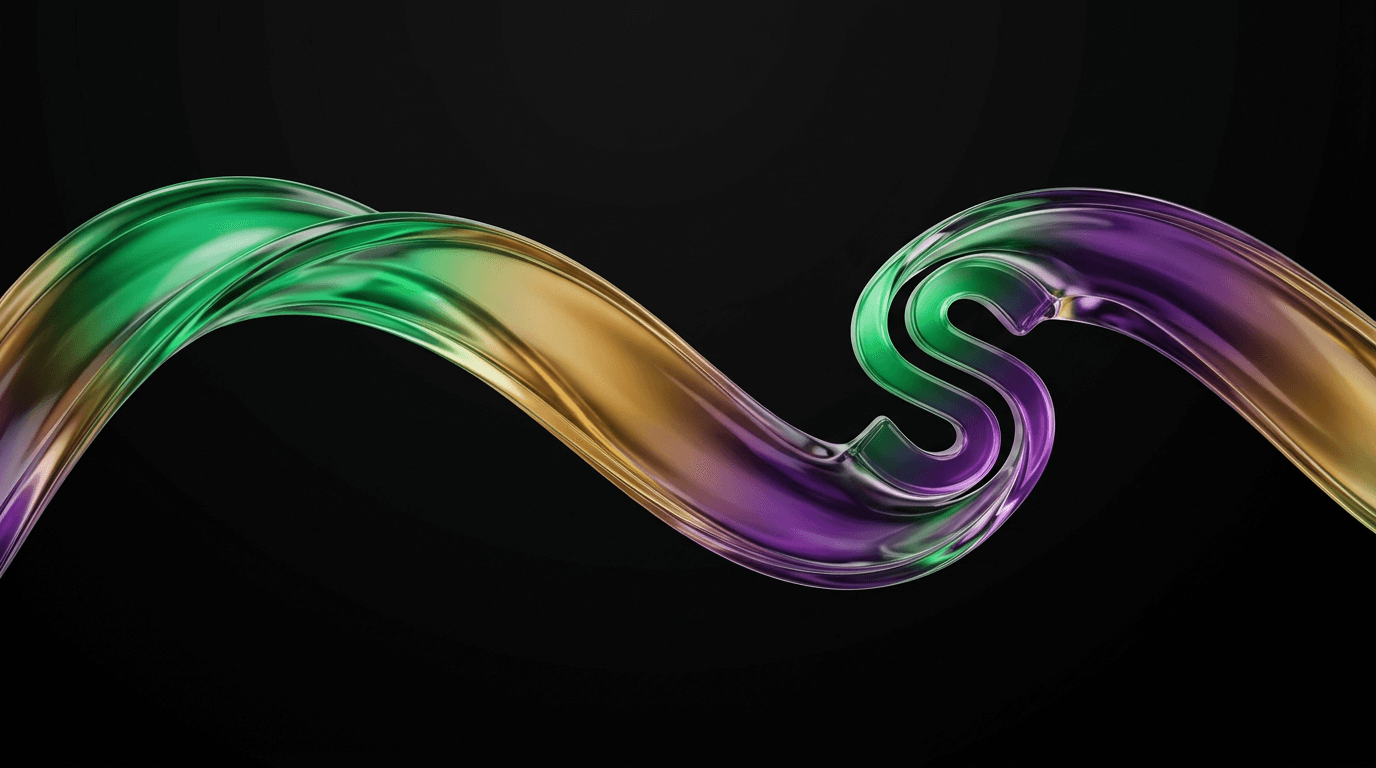 Mor, yeşil ve altın renklerinde dalgalanan şeffaf sıvı şekli, ortasında büyük bir S harfi oluşturuyor.