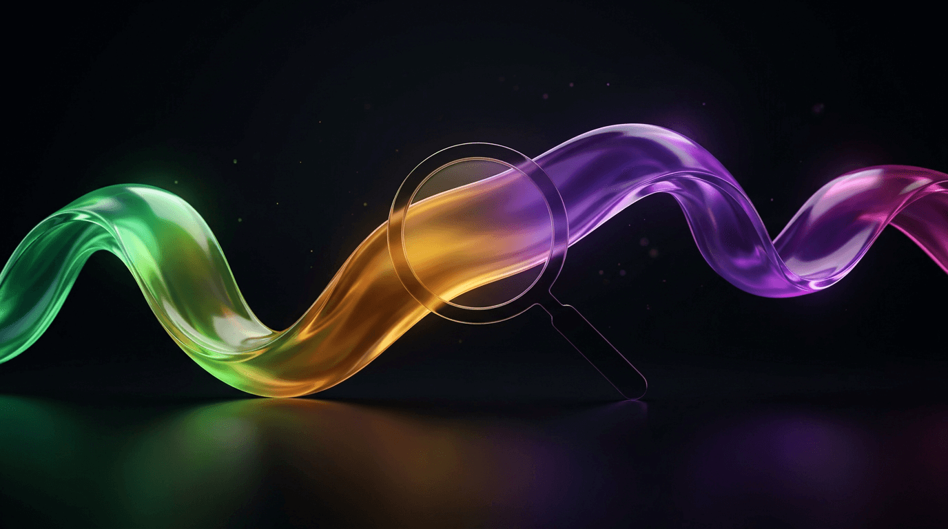 Renkli yeşil, sarı, mor ve pembe şeffaf dalgalı şeritler üzerinde büyüteç simgesi.