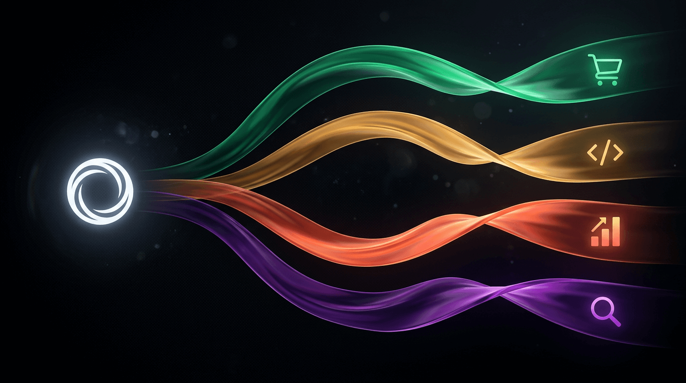 Soldan çıkan beyaz ışık halkasından dört renkli dalgalı bant çıkıyor, bantların ucunda alışveriş sepeti, kodlama, büyüme grafiği ve büyüteç simgeleri var.