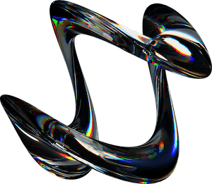 Karanlık arka planda yansıtıcı ve renkli ışık kırılmaları olan soyut, kıvrımlı cam benzeri şekil.