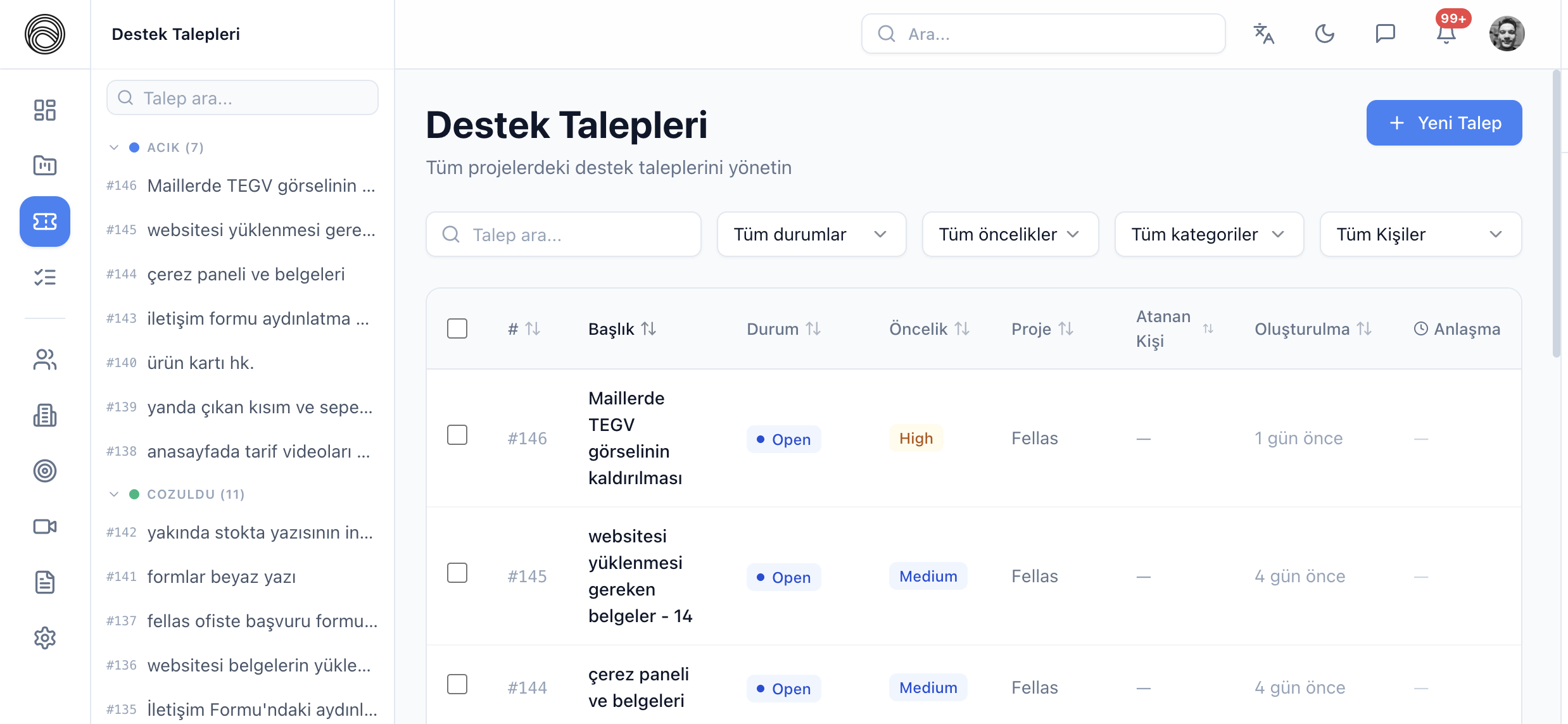 Agencio — destek talepleri (ticket) ekranı