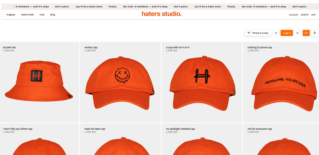 Haters Studio koleksiyon sayfası: turuncu şapkalar, fiyatlar ve görünüm seçenekleri