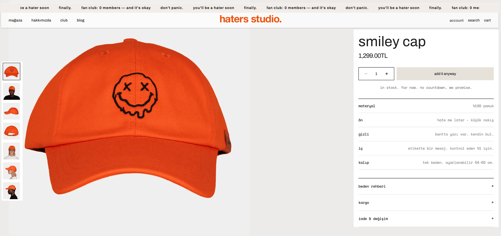 Haters Studio smiley cap product page: logo, announcement bar, add it anyway button and product details