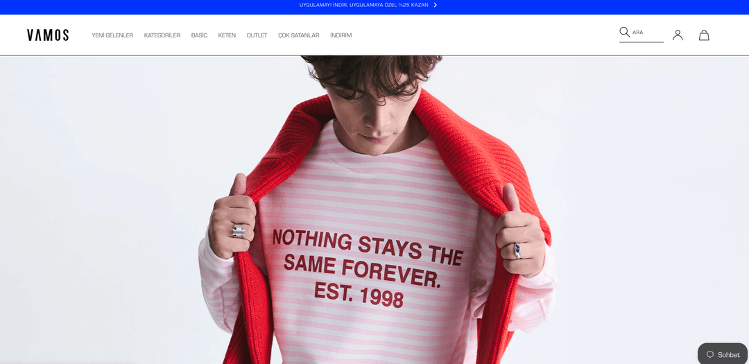 Vamos home page: model wearing a T-shirt that reads Nothing stays the same forever