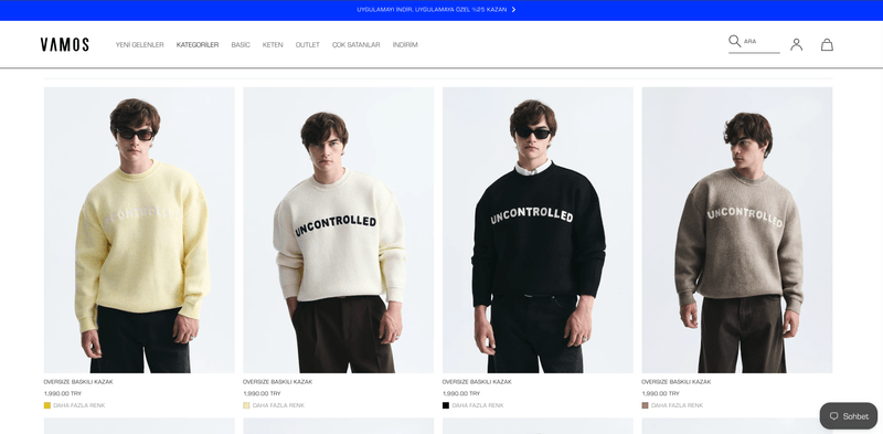 Vamos collection page: four knitwear pieces shot in the same light