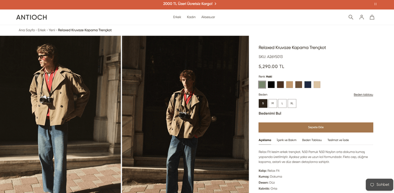Antioch product page: trench coat, color options and size selection