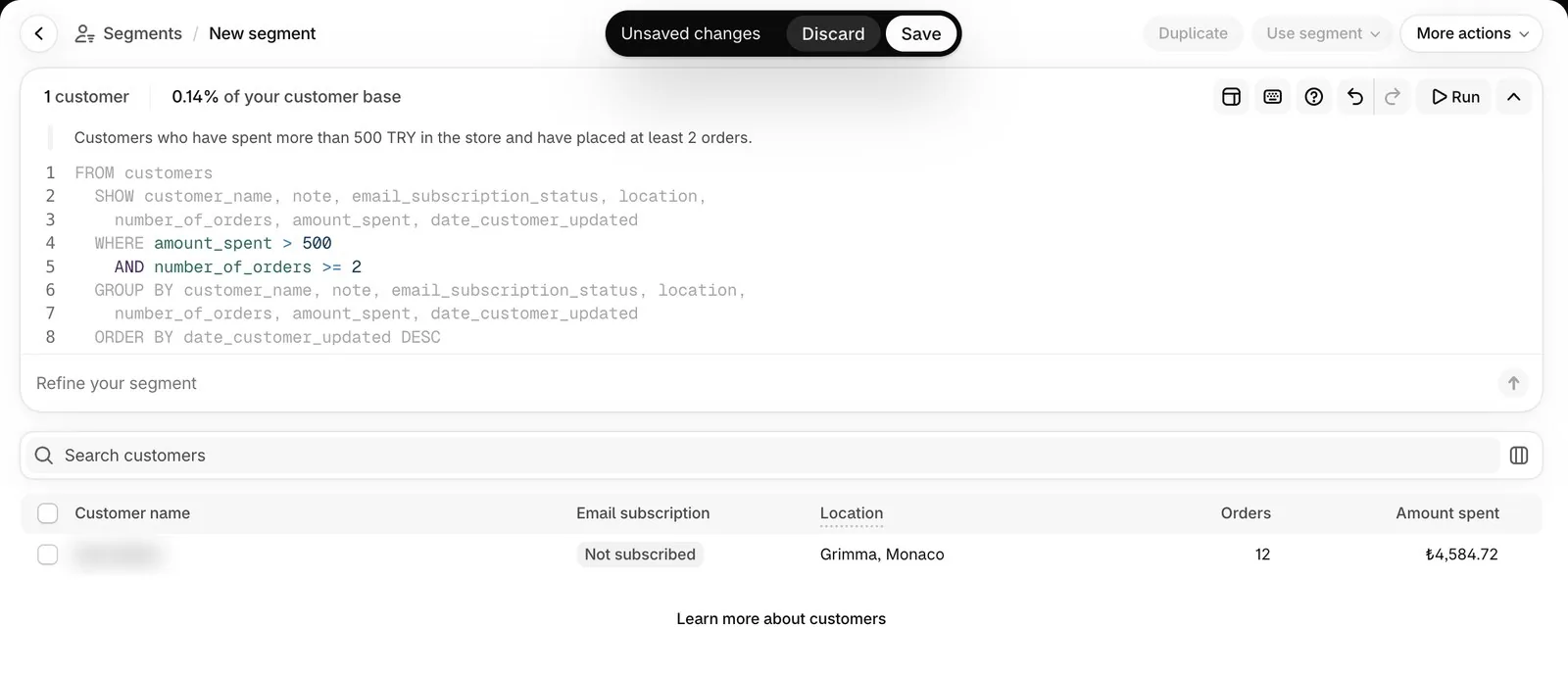 Shopify Customers Segments ekranında harcama ve sipariş sayısına göre en kârlı müşteri segmenti