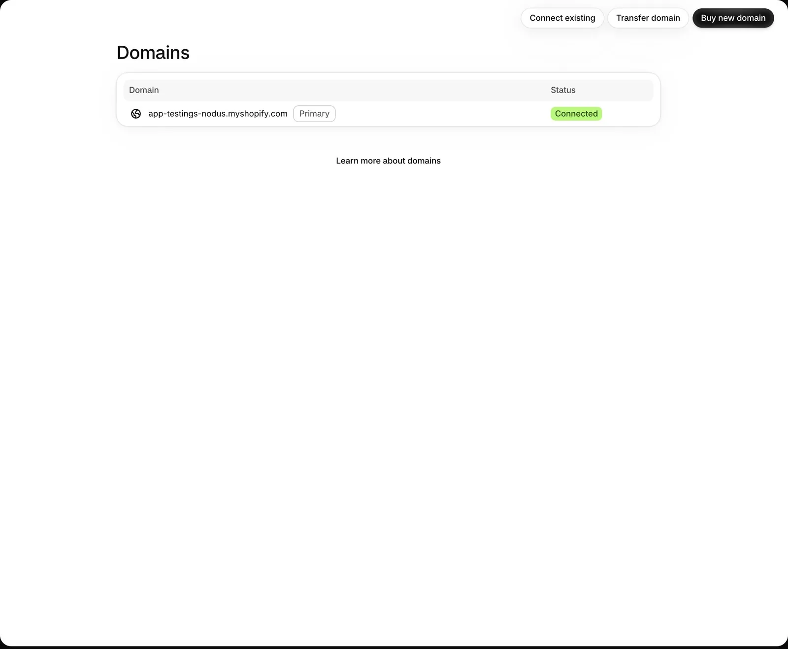 Shopify Settings > Domains ekranında marka alan adını bağlama, taşıma ve satın alma seçenekleri