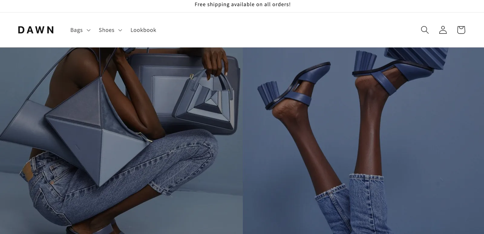 Dawn is Shopify's free and most widely used theme; its desktop and mobile views can be reviewed in the Theme Store demo store before installation