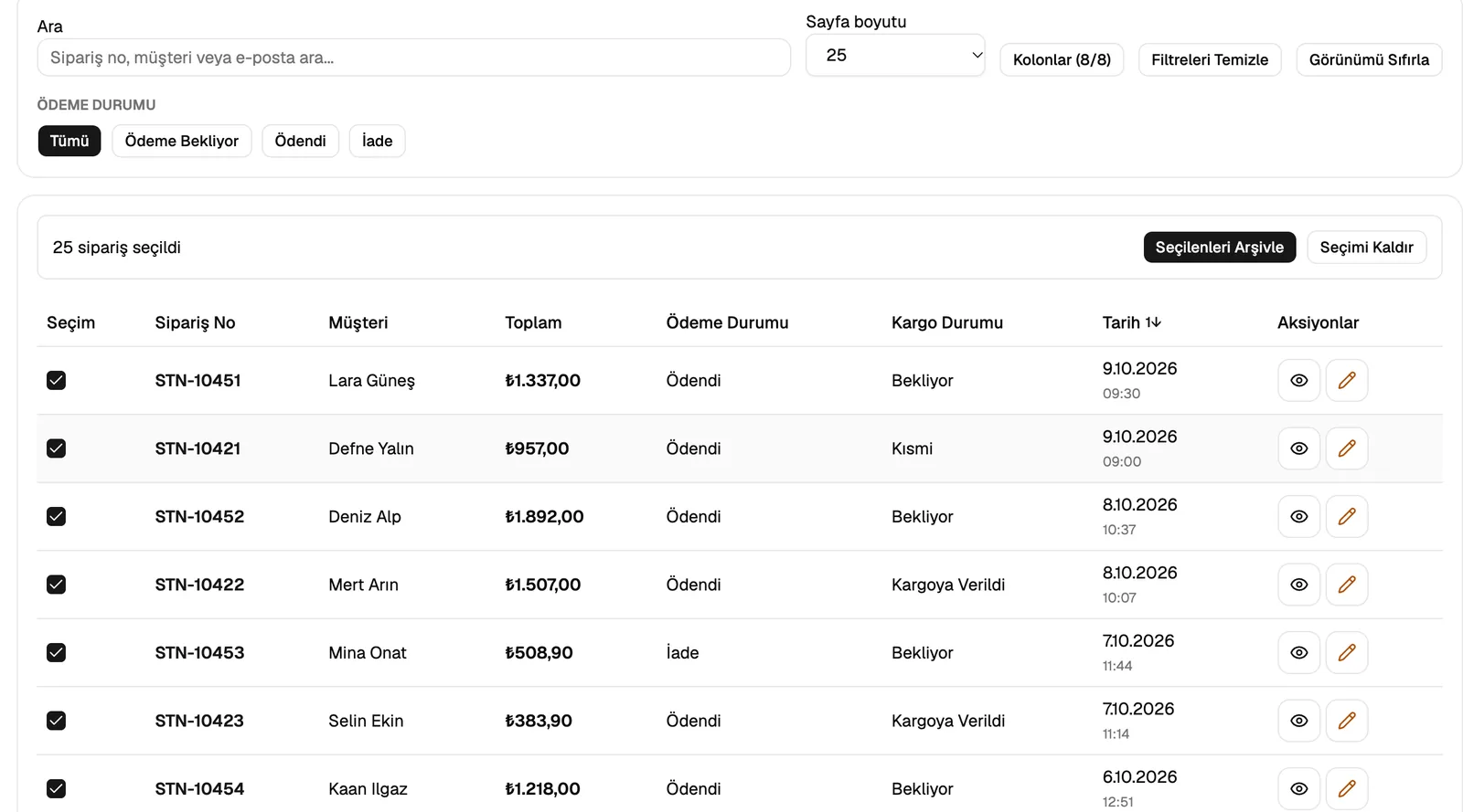 Station'da seçili Shopify siparişleri için tek işlemle toplu kargo barkodu oluşturma