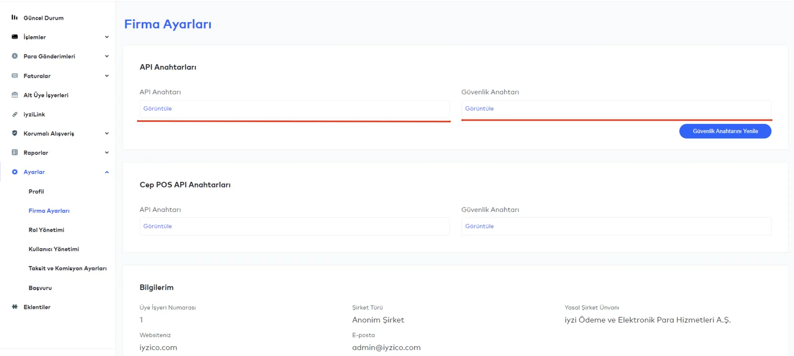 iyzico panelinde Shopify entegrasyonu için API anahtarı ve güvenlik anahtarının bulunduğu ekran