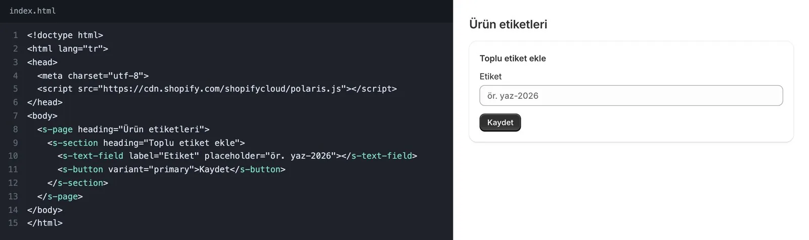 s-page and s-button Polaris Web Components tags in plain HTML and how they look in Shopify admin