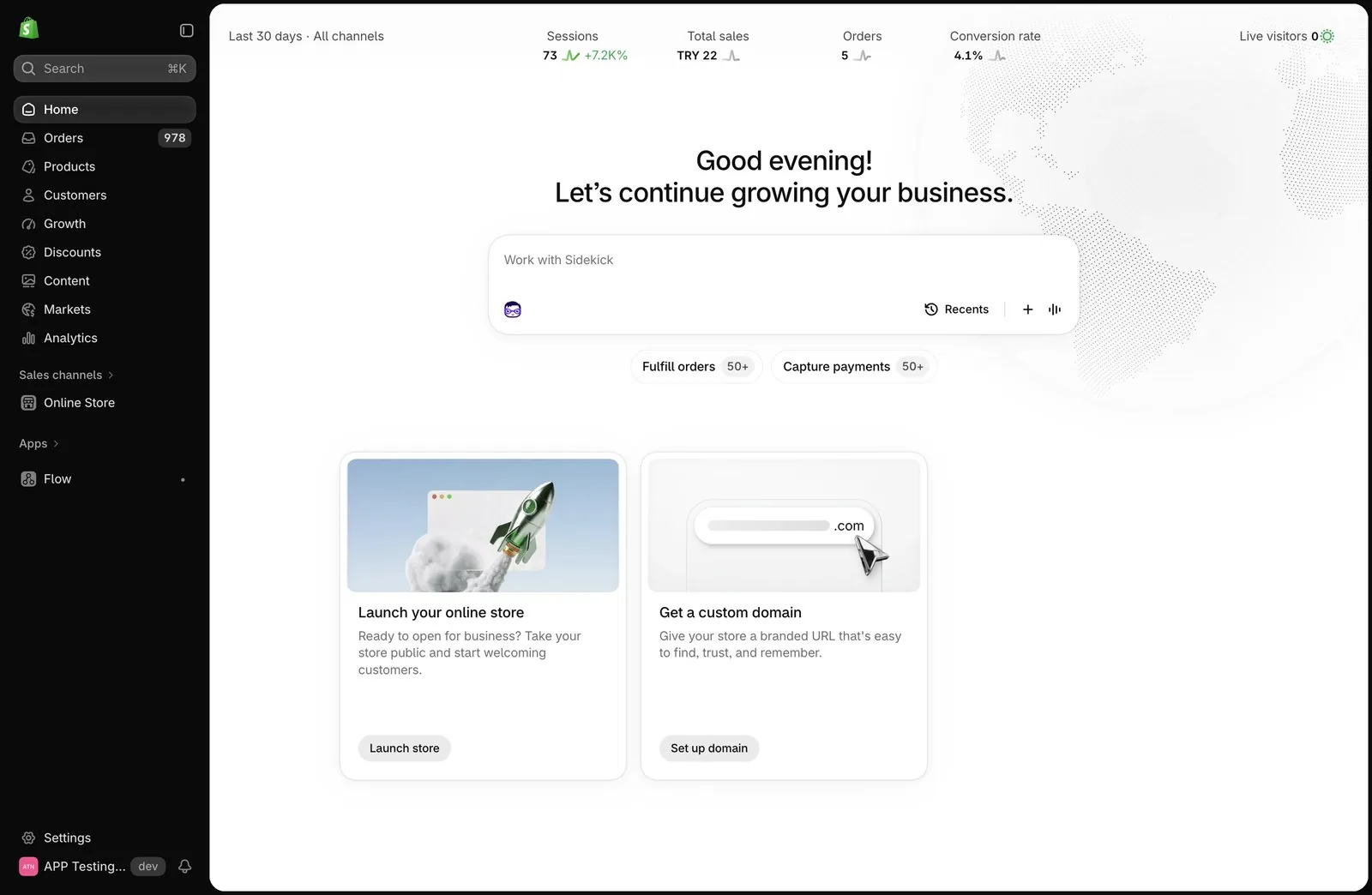 Shopify admin ana sayfasında Sidekick'in açıldığı Work with Sidekick kutusu ve Sidekick simgesi