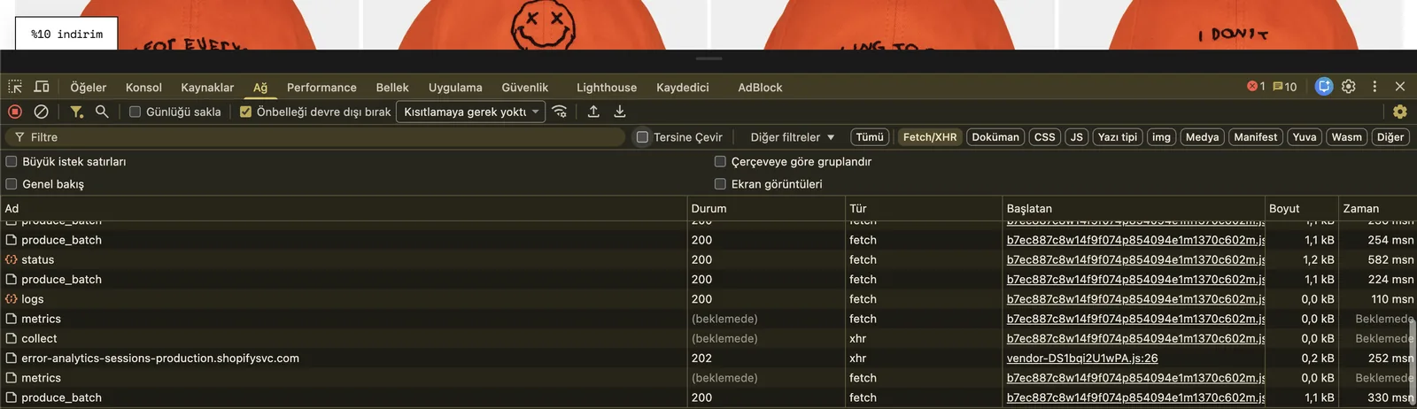Chrome DevTools Coverage sekmesinde Shopify sayfasındaki JavaScript dosyalarının kullanılmayan kod oranı