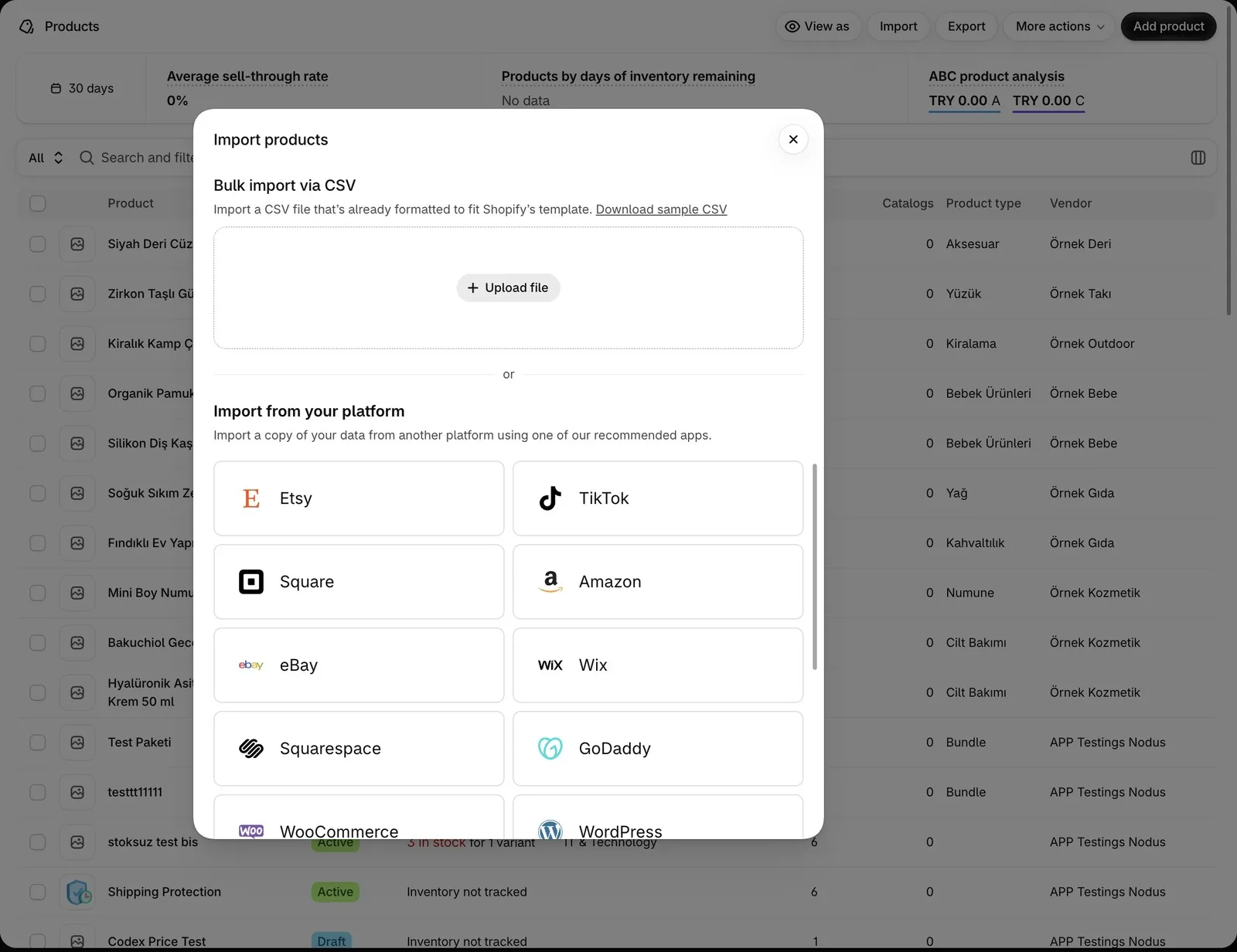 Import window for a product CSV file exported from BigCommerce on the Shopify Products screen