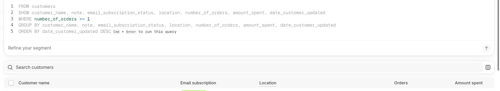 Shopify Customers Segments ekranında sipariş sayısı, harcama ve şehre göre kurulmuş müşteri segmenti